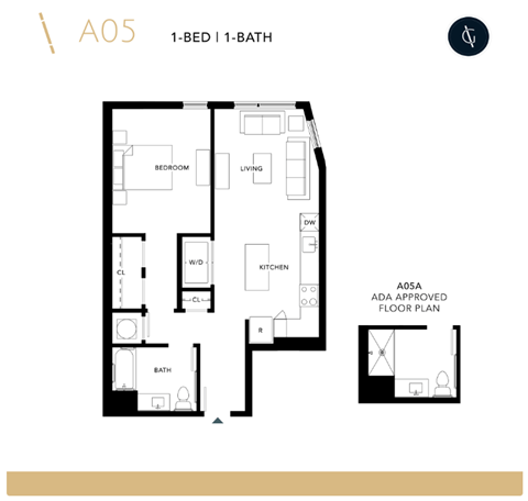 Floor plan for 1 bed, 1 bath, 669 sqft